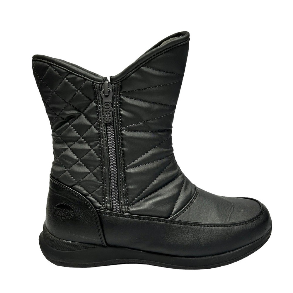 Totes Waterproof Insulated Quilted Black Grey Zip Up Boot, Size 8